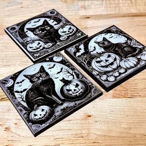 Black Cat Halloween Coasters: Laser Engraved Wood & Resin, Set of 3 image 8