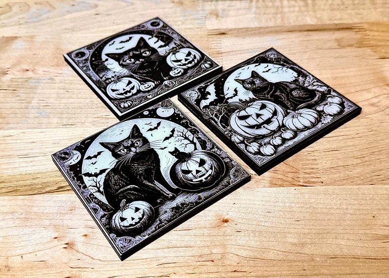 Black Cat Halloween Coasters: Laser Engraved Wood & Resin, Set of 3 image 8