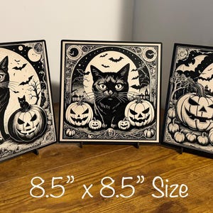 Black Cat Vintage Style Halloween Decor, Halloween Black Cat Bats Jack-o-lantern Laser Engraved Wood Plaque, Various Sizes.