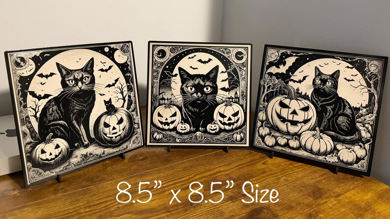 Black Cat Vintage Style Halloween Decor, Halloween Black Cat Bats Jack-o-lantern Laser Engraved Wood Plaque, Various Sizes.