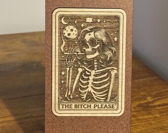 Sarcastic Skeleton Tarot Card Phone Stand: Engraved Wood Inlay