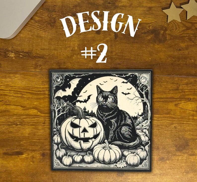 Black Cat Vintage Style Halloween Decor, Halloween Black Cat Bats Jack-o-lantern Laser Engraved Wood Plaque, Various Sizes.