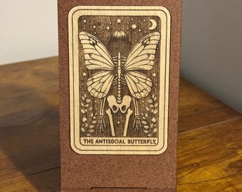 Laser Cut Wood Phone Stand: Antisocial Butterfly Tarot Design