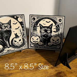Black Cat Vintage Style Halloween Decor, Halloween Black Cat Bats Jack-o-lantern Laser Engraved Wood Plaque, Various Sizes.