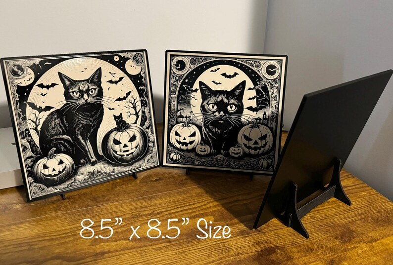 Black Cat Vintage Style Halloween Decor, Halloween Black Cat Bats Jack-o-lantern Laser Engraved Wood Plaque, Various Sizes.
