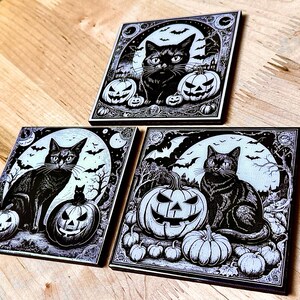 Black Cat Halloween Coasters: Laser Engraved Wood & Resin, Set of 3 image 7