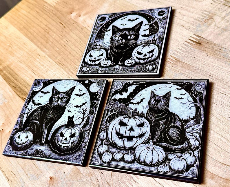 Black Cat Halloween Coasters: Laser Engraved Wood & Resin, Set of 3 image 7