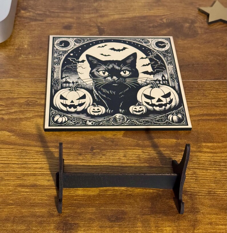 Black Cat Vintage Style Halloween Decor, Halloween Black Cat Bats Jack-o-lantern Laser Engraved Wood Plaque, Various Sizes.