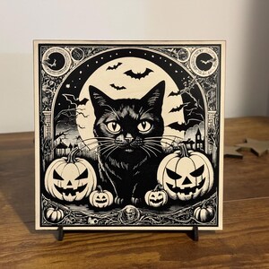 Black Cat Vintage Style Halloween Decor, Halloween Black Cat Bats Jack-o-lantern Laser Engraved Wood Plaque, Various Sizes.