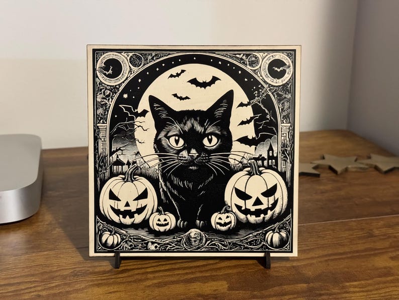 Black Cat Vintage Style Halloween Decor, Halloween Black Cat Bats Jack-o-lantern Laser Engraved Wood Plaque, Various Sizes.