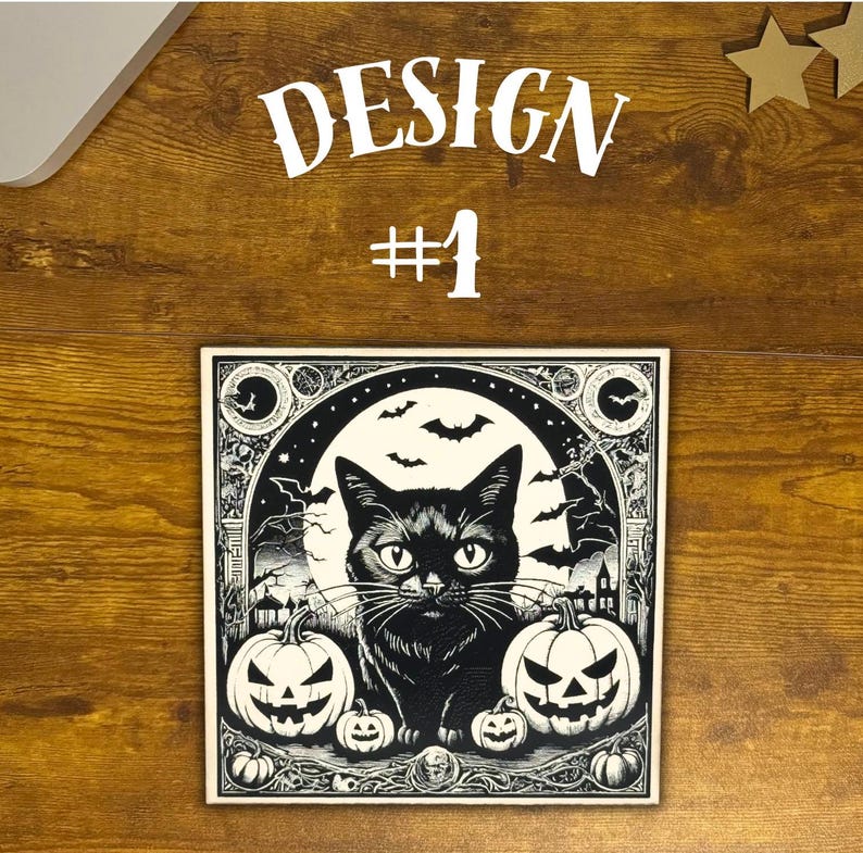 Black Cat Vintage Style Halloween Decor, Halloween Black Cat Bats Jack-o-lantern Laser Engraved Wood Plaque, Various Sizes.
