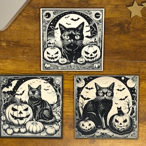 Black Cat Vintage Style Halloween Decor, Halloween Black Cat Bats Jack-o-lantern Laser Engraved Wood Plaque, Various Sizes.