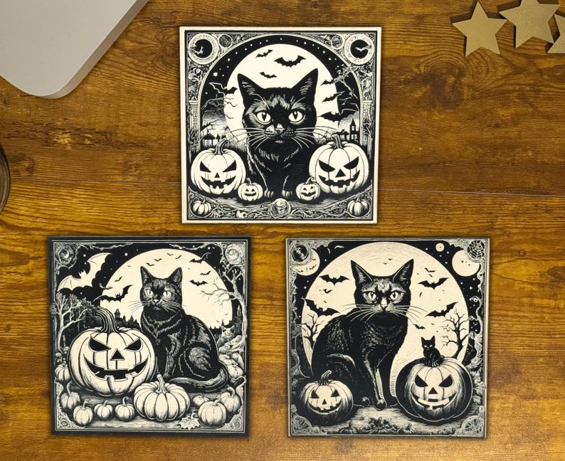 Black Cat Vintage Style Halloween Decor, Halloween Black Cat Bats Jack-o-lantern Laser Engraved Wood Plaque, Various Sizes.