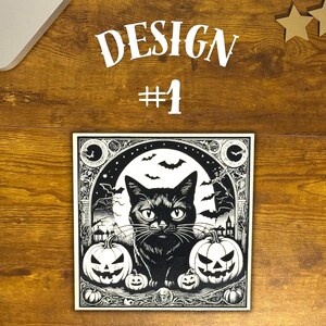 Black Cat Vintage Style Halloween Coasters, Halloween Black Cat Bats Jack-o-lantern Refrigerator Laser Engraved Wood Coasters, Sets of 3.