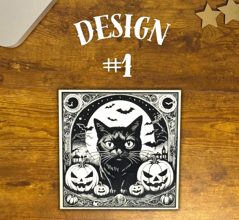 Black Cat Vintage Style Halloween Coasters, Halloween Black Cat Bats Jack-o-lantern Refrigerator Laser Engraved Wood Coasters, Sets of 3.