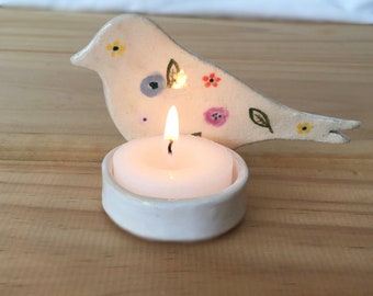 Ceramic Bird Tealight, Ceramic tealight holder, Floral Bird Art, Ceramic Bird, Tea light, Bird Art, House warming gift.