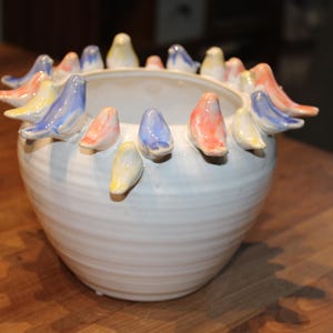 Könnte beinhalten: Weißer Keramiktopf mit einem Rand, der mit bunten Vögeln verziert ist. Die Vögel sind in Blautönen, Gelb, Orange und Rosa bemalt.