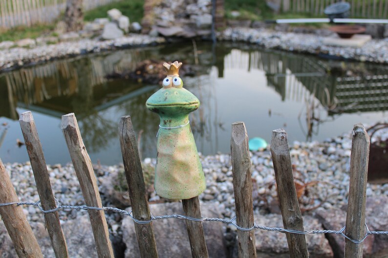 Fence stool Little Frog Prince, fence figure, post stool, ceramic garden figure 18 cm high image 1