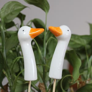 Könnte beinhalten: Zwei Gänsefiguren aus Keramik mit weißen Körpern und leuchtend orangefarbenen Schnäbeln. Die Gänse sind auf Holzstäben montiert und vor einem Hintergrund aus üppigem, grünem Laub platziert. Die Figuren haben schwarze Augen.