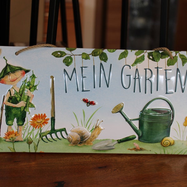 Emaille-Schild mit Prägung "Mein Garten", 35 x 15 cm, mit Kordelaufhängung