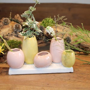 Könnte beinhalten: Eine Sammlung kleiner, pastellfarbener Keramikvasen, jede mit zarten Blumen und Grünzeug. Die Vasen in Rosa-, Gelb- und Grüntönen stehen auf einem weißen, rechteckigen Sockel, mit einem natürlichen Holzhintergrund.