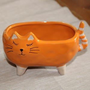 Könnte beinhalten: Orangener Keramik-Katzen-Pflanztopf mit weißen Akzenten. Der Pflanztopf hat eine rechteckige Form mit einem Katzengesicht, einschließlich geschlossener Augen, Schnurrhaaren und einer Nase. Der Schwanz ist orange und weiß gestreift. Der Pflanztopf steht auf drei weißen Beinen.
