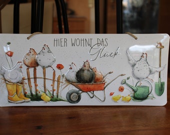 Enamel sign with embossed inscription "Happiness lives here", 35 x 15 cm, with cord hanger