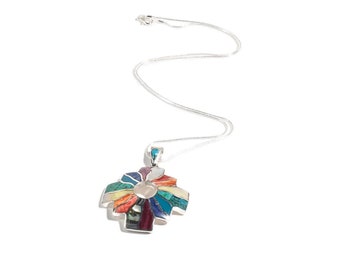 Shell and Stone Inlay Peruvian Chakana Pendant Necklace - 950 Sterling Silver
