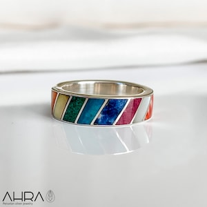 Chakra Stones Ring, 950 Silver Handmade Peruvian Ring, Unisex Artisan Jewelry