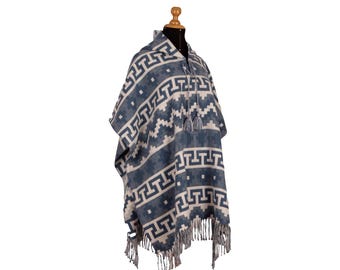 Handmade Baby Alpaca Poncho, Light Gray Andean Cross Design