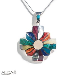 Peruvian Chakana Pendant Necklace with Shell and Stone Inlay - 950 Sterling Silver