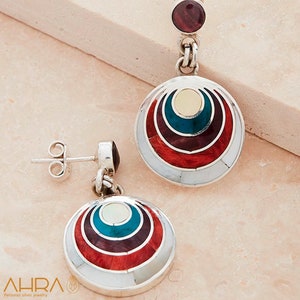Pachamama Earrings, Dangle Earrings, Peruvian Jewelry inlaid with semiprecious stones, Handmade 950 Silver, Handmade Peruvian Jewelry