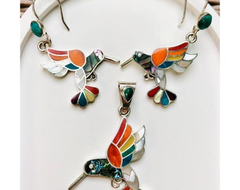 Aretes y colgante de colibrí, plata 950 hecha a mano / Joyería con incrustaciones / plata de primera ley / joyería peruana / Colibrí / joyería de pájaros