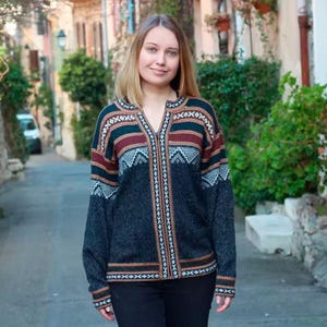 Handmade Alpaca Wool Cardigan | Aztec Inca Pattern, Boho Sweater Jacket, Multicolor Knit