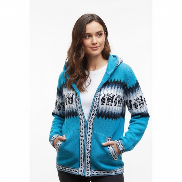 Handmade Alpaca Wool Hooded Sweater, Andean Design Knitwear