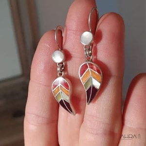 950 Sterling Silver Leaf Earrings and Pendant Set: Peruvian Stone Mosaic