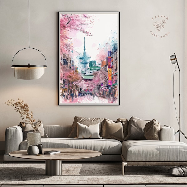 Watercolor Painting Tokyo Streets | Sakura Poster | Watercolor Cherry Blossom Art Print | Cityscape Art Illustration | Instant Download |