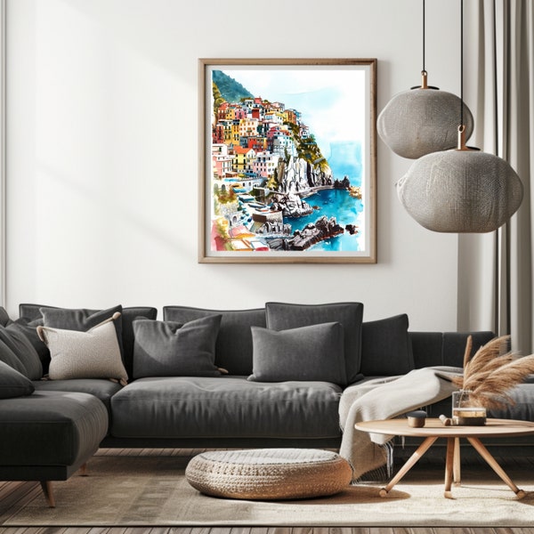 Watercolor Painting Cinque Terre | Italian Riviera Seascape Poster | Watercolor Italie Coast | Travel Art Illustration | Instant Download