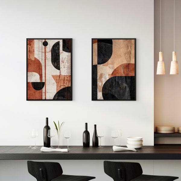 Abstract Duo Art Prints | Instant Digital Download | Rustic Terracotta & Black Decor | Modern Printable Wall Art | Home Design Set