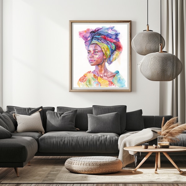 Affiche Portrait Femme Afro en Aquarelle | Femme Africaine | Art Coloré | Décoration Moderne | Affiche Ethnique Afro