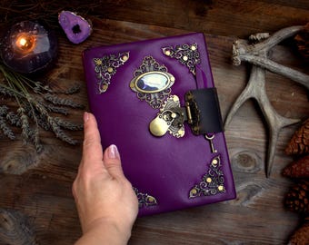 Purple Leather Grimoire, Witchcraft Journal with Lock, Handmade