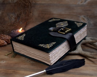 Handmade Velvet Grimoire Journal, Antique Style Book of Shadows