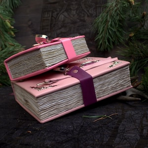 May include: Two pink leather-bound journals with ornate silver clasps and decorative corner accents. One journal has a pink strap and lock, the other a purple strap. The pages are aged, giving a vintage aesthetic.