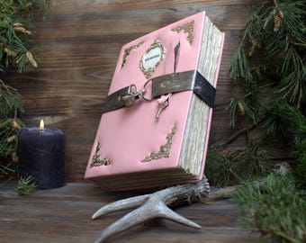 Pink leather Grimoire journal with lock,ancient journal notebook grimoire , Practical magic spell book journal ,Vintage Thick locking diary