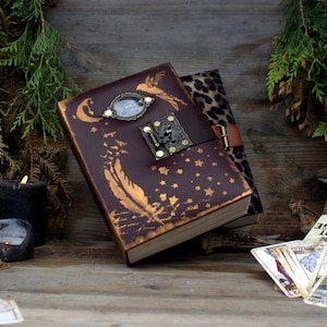 Leather Grimoire Journal with Lock, Handmade Vintage Book of Shadows, A5