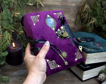 Velvet Grimoire with Lock, A5 Journal 400 Pages, Witchcraft Book of Shadows, Spell Book with lock and Key, Gothic Witch Notebook with lock