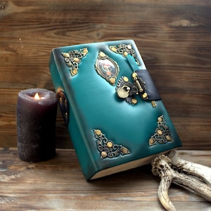 Handmade Leather Book of Shadows, Locking Grimoire Journal, Aged Pages