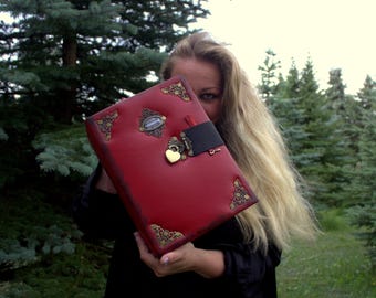 Red large leather journal with lock and key, book of shadows journal,giant leather notebook handmade, hand made book of shadows grimoire