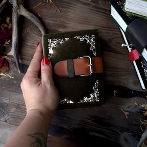 Handmade Green Velvet Grimoire, Leather Strap, Blank Pages