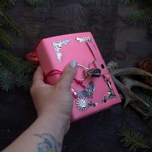 May include: A pink, rectangular journal with silver corner accents and a silver lock. The journal is adorned with a butterfly charm, sun charm, and other decorative silver charms. A pink cord wraps around the journal.